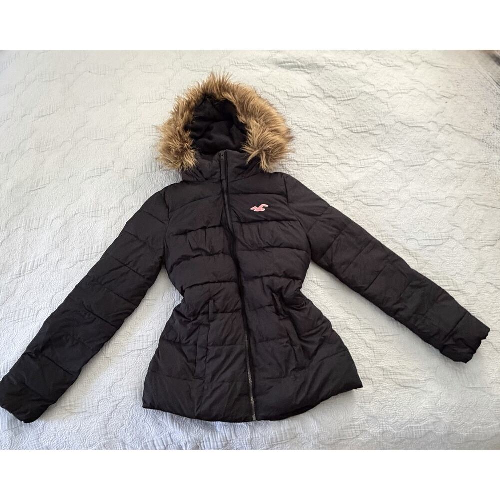 Vintage Y2K Hollister Puffer Jacket Coat Womens Large Navy Faux Fur Hooded Bella